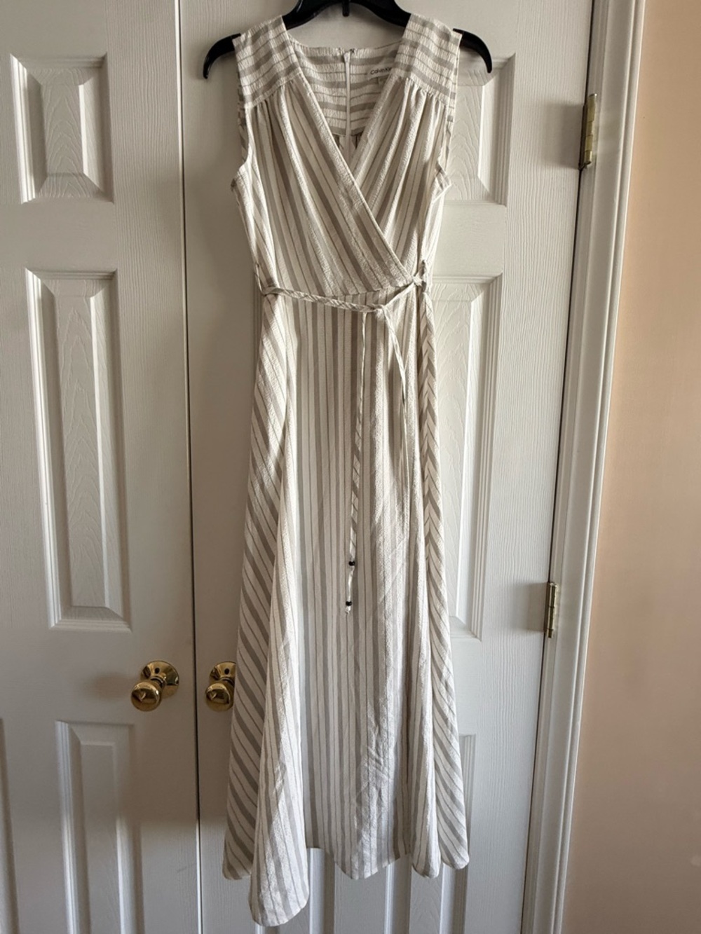 Calvin Klein Gray and White Striped Sleeveless Wrap Maxi Dress